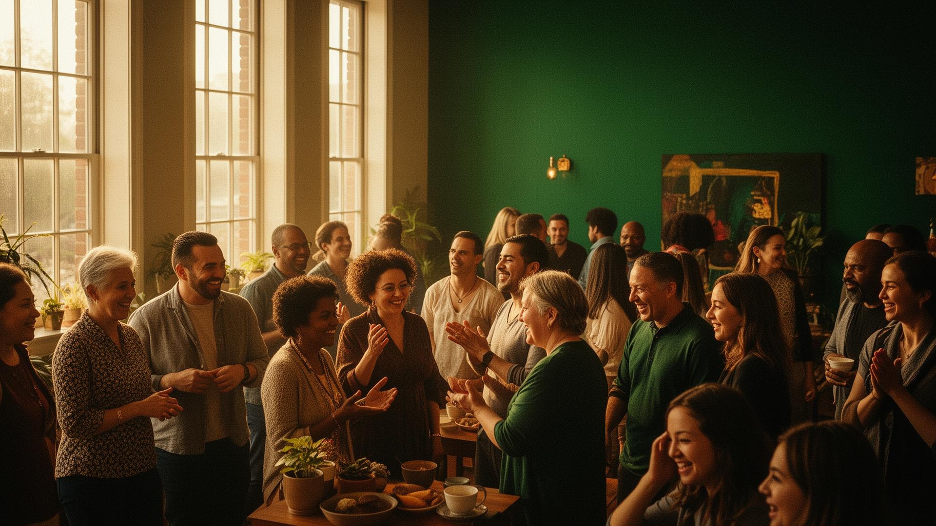 A diverse community gathered together in a warm, sunlit room